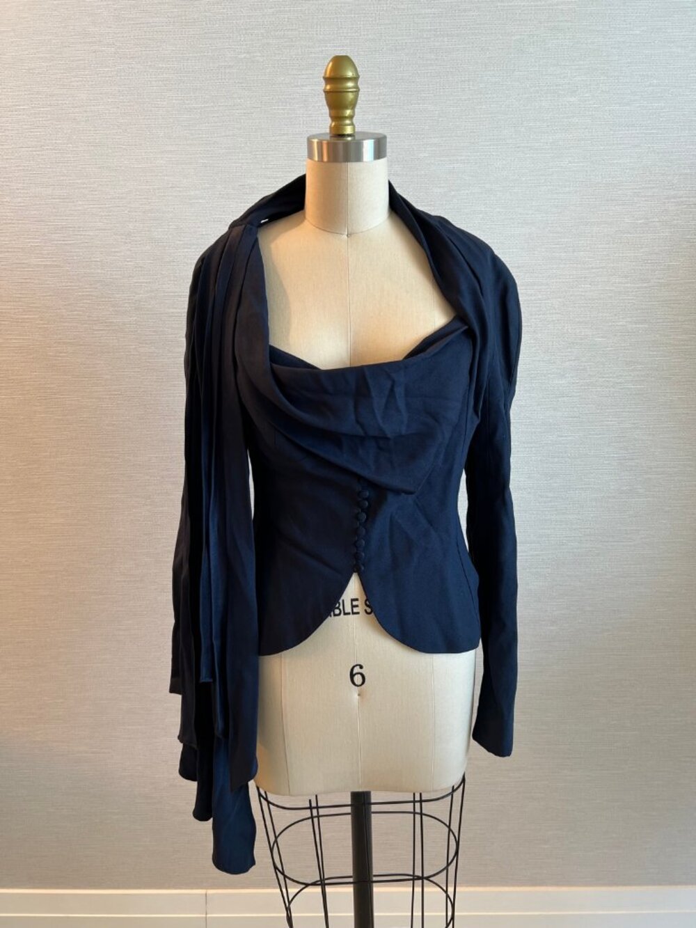 John Galliano Paris Navy Draped Cowl Neck Blazer Jacket Sash France 12
